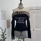Real Shooting Removable Leopard-Print Hair Collar Shoulder Long-Sleeved T-Shirt Hottie Slim Print Shoulder Thin Velvet Top 1377