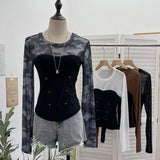 Small Personality Camouflage Mesh Spliced Long-Sleeved T-Shirt Short Repair Cloth Woman 8107
