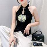 National Wind Embroidery Hanging Neck Vest Lady Sleeveless Summer Wearing Small Shoulder Slings New Chinese Style Fat MM Top