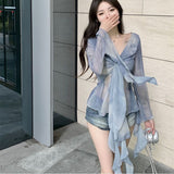 Gradual Tie Dye Thin Long-Sleeved Shirt Women Autumn Winter French Sun Protection Shirt Ribbon Design Small Top