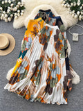 Vintage Print 100 Folds Loose Waist Fashion Half-Dress Women High-Waist A Skirt Commuting Big Hanging Long Skirt Summer