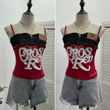 Design-Sensitive Edge Denim Spliced Letter Embroidered Sling Sling Vest T-Girls Short Top 23098