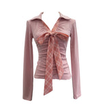Real Shoot Spice Girls V-Neck Bow Tie With Long-Sleeved T-Shirt Slime Thin Velvet T-Shirt 1387