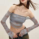 Tie Dyed Mesh Yarn Long-Sleeved T-Shirt Women Autumn Thin Design Small Slimming Sweet Cool Hot Girl Sunscreen Top