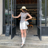 Beautiful Single Wear Double Buckle Striped Knitted Short-Sleeved Women's Summer 2026 New Old Money Style Style Open Shirt Thin Top