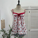 Fake Two Lace Side Deep V Sexy Floral Lace Sling Vest Loose Doll Shirt Top Female 9328