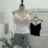 Real Shot Hair Splicing Hanging Neck Sling Vest Sexy Low Chest Bare Back Short Sleeveless Top 2802