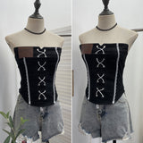 Vintage Sexy Water Wash Denim Pocket Spliced Lace Bra Design Without Strap Vest 2753