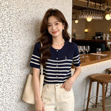 Korean Embroidered Striped Short-Sleeved Knitted Cardigan Women 6 Summer Fat Mm Thin Age-Dated Bottom Shirt Top