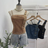 Spice Girls Slanted Shoulder Jeans Slings Vests Women Wearing Irregular Buckle Short Sleeveless Top 653