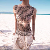 Thai Fashion Street Letter Printing Bodyless Sleeveless T-Shirt Hottie Mesh Perspective Round Collar Top Summer