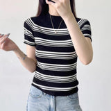 Korean Version Of The Half-High-Necked Striped Knitted Short-Sleeved Woman 2026 Spring And Summer New Burst Bare Waist Short Small Clothes