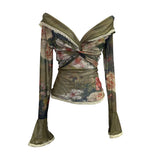 Vintage Oil Painting Print Collar A Word Twisted Folded Short-Sleeved Trumpet Blouse 9907