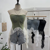 Real Shot With Chest Cushion Denim Splicing Lace Ribbon Irregular Thoracic Coat Short Strap Strap Vest 2739