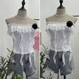 Real Shooting Pure Wind Lotus Leaf Side With A Word Shoulder Bra Small Vest Short Three-Dimensional Flowers Sleeveless Top 8856