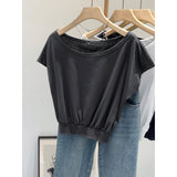 Slanted Shoulder Shoulder Waist White Short-Sleeved T-Shirt Women Summer 2026 New Pure Desire Design Short Top