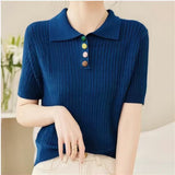 Loose Large Plate-Type Twist Rope Poolo Collar Knitted Shirt T-Shirts For Girls In Summer Thin Thin Short Cash