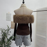 Real Shot Shoulder Hair Collar Long-Sleeved T-Shirt Women Autumn And Winter Retro Hair-Wearing Shirt 13681