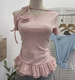 Real Shooting Pop Point Tie With Hanging Neck Slanted Shoulder Short Sleeve Blouse With Elastic Short T-Shirt Girl 2850