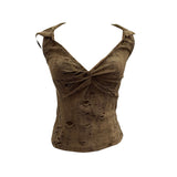 Wasteland Wind Retro Hooded Sling Vest Hole To Make Old Kinesy Low-Chests Hottie Sleeveless Top 9620