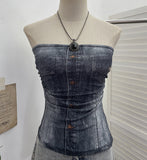 Real Shooting Denimed Tie-Dye Printing Mesh Yarn Tectar Tset With Chest Cushion Anti-Slip Vest Short Top 1255