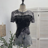 Real Shooting Guangzhou Women's Clothing Dizz-Dyed Net Yarn Splicing Edge To Make Old Denim Short-Sleeved T-Shirt Top 26171