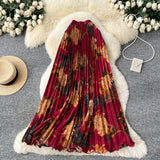 Vintage Print 100-Fold A-Word Niche Dress Women High Waist Thin Design Sense Commuting High-End Long Dress