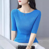 High-Grade Black Shoulder Round-Neck Short-Sleeved Knitted Shirt Women's New 2026 Summer Shoulder Ice Refresher Bottom Top