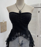 Real Shot With Chest Cushion Denim Splicing Lace Ribbon Irregular Thoracic Coat Short Strap Strap Vest 2739