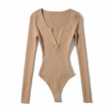 Spice Girls Autumn And Winter New V-Neck Buckle Girl Solid Color With Long Sleeves Slimming Bottom-Up Women