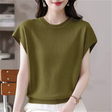 2026 Round Collar Summer New Large Size Women's Loose Knitted Shirt Short-Sleeved Fat Mm Thin Top