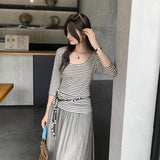 Lyselle Tiansi Small Design Striped Mid-Sleeved T-Shirt For Women's Summer Single Wear High-End Chic Chic Top