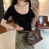 Beautiful Pink U-Neck Threon Shoulder Five-Sleeved T-Shirt 2026 New Small Kochi Beautiful Top