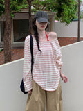 Korean Striped Oblique Shoulder Tulle Sunscreen T-Shirt Girl Summer Design Summer Seaside Wear Bare Shoulder