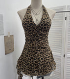Real Shot With Chest Pad Leopard Sling Hanging Neck Design Feeling Drift Belt Vest V Collar Sleeveless Top 9278