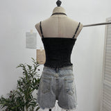 Real Shooting Denim Hanging Neck With Chest Pad Sling Vest Babes Single Buckle Bra Short Sleeveless Top Tide 2757