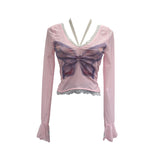 Solid Shot Micro-Permeable Mesh Butterfly Print Splicing Lace Hanging Neck Horn Long-Sleeved T-Shirt Repair Short Top 1286