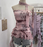 Real Shooting Spice Girls Irregular Lotus Leaf Side Ribbon With Non-Slip Strip Mesh Printing Chest Vest 8037