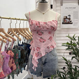 Real Shoot À±tie Bra Irregular Sling Sling Vest Slimming Print Mesh Sleeveless Top 8950