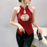 National Wind Embroidery Hanging Neck Vest Lady Sleeveless Summer Wearing Small Shoulder Slings New Chinese Style Fat MM Top
