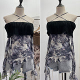 Real Shot Shoulder Cross Hanging Neck Knitting Mesh Yarn Coat Irregular Ribbon Horn Long-Sleeved T-Shirt 1101