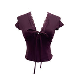 Pure-Wanted Lace Side Lace With Bow V-Neck Short-Sleeved T-Shirt T-Shirt T-Shirt Short-Sleeved Body Dress 6006