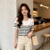 Korean Embroidered Striped Short-Sleeved Knitted Cardigan Women 6 Summer Fat Mm Thin Age-Dated Bottom Shirt Top