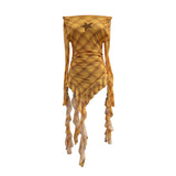 Vintage One-Word Shoulder Long-Sleeved T-Shirt Babes Net Embroidery Irregular Ribbon Dress 12901