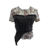 Stylish Denim Splicing Dizzy Mesh Yarn Short-Sleeved T-Shirt Girl Summer Body Short Small Blouse 26171