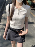 Vintage College Style Polo Collar Button Shoulder Sesame Short-Sleeved T-Shirt Women's Summer Age Repair Short-Term Collar Top