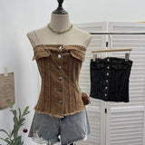 Vintage Water Wash Denim Breasts A Word Shoulder Button Open Shirt Vest To Take Sleeveless Top Lady 617