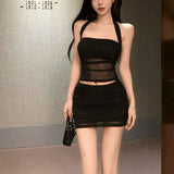 Pure-Want Pink Hot Diamond Short Hanging Neck Vest Women's Summer Fashion Set Mesh Yarn Bag Half-Body Skirt Two-Piece