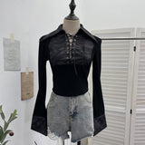Real Shoot Babes Camouflage Splicing Polo Collar Shirt With Hollow Design Sense Short Long-Sleeved Top 1360