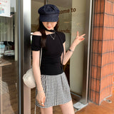 French Unique Beautiful Bow Tie With Slanted Shoulder Short-Sleeved T-Shirt For Women 2025 New Dress-Up Short Top